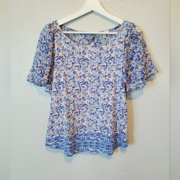 💚5/$25 Lucky Brand  Boho Floral Print Flutter Sleeve Blouse Size Small - Picture 1 of 4